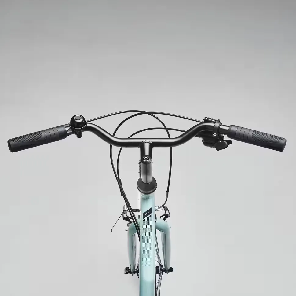 Swept-back handlebar with bell, grips and gear shifter