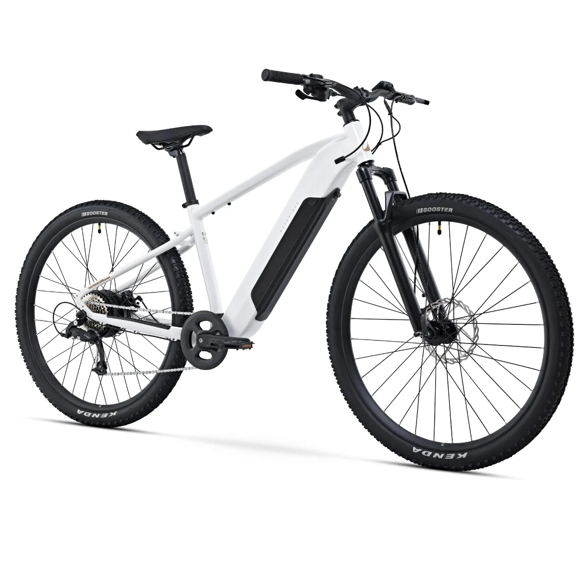 White electric mountain bike seen from the front at an angle