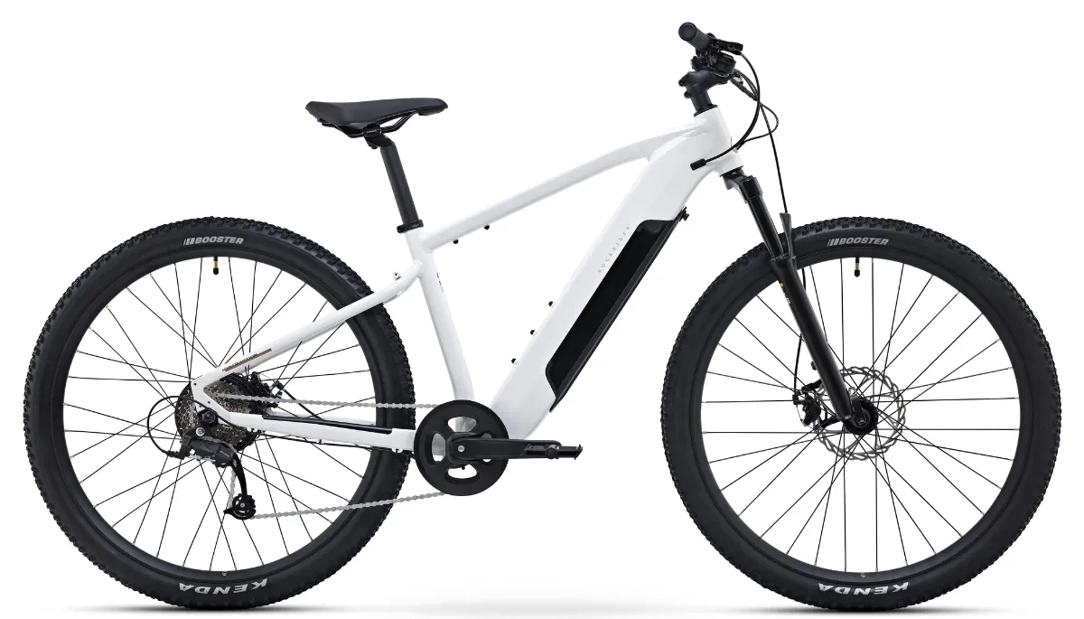 White electric mountain bike, side view